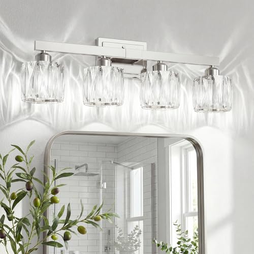 Image of VOLISUN Crystal Vanity Lights for Bathroom, 4 Light Bathroom Vanity Light, Modern Stainless Steel Bathrooms Lights Over Mirror, Chrome Bathrooms Lights Fixtures-UL Certificated(Exclude Bulb)