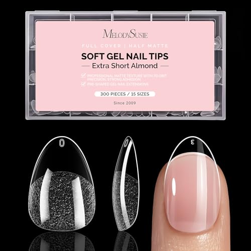 MelodySusie Extra Short Almond X Nail Tips - 300Pcs 15 Sizes Clear Acrylic Half Matte Full Cover Press on Nails for DIY Extension & Salon Use Pre-Shaped for Long-Lasting Manicure