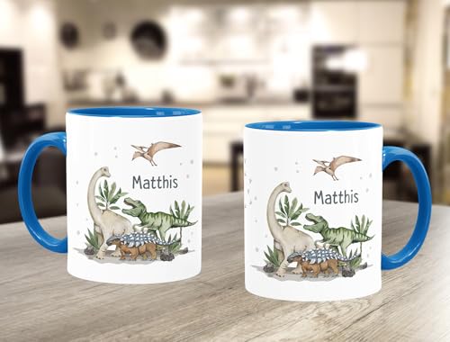 SpecialMe® Kindertasse Dino mit Namen personalisiert Dinosaurier T-Rex Tasse aus Keramik für Kinder Jungen Mädchen Weiss-innen-blau standard – Ansicht 3