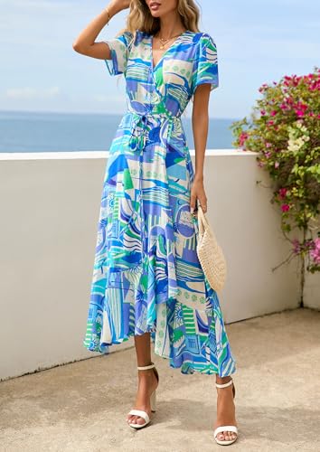 Image of PRETTYGARDEN Women's Summer Wrap Maxi Dress Casual Boho Floral V Neck Short Sleeve Ruffle Hem Split Beach Long Dresses