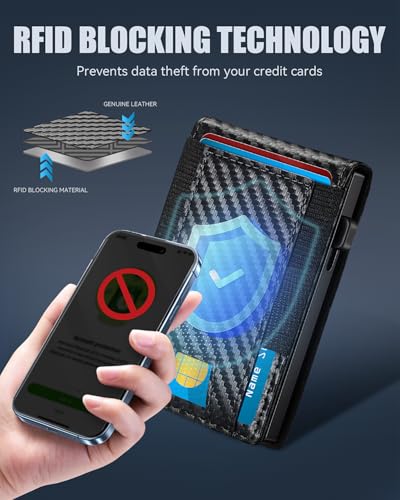 Wallet for Men-Slim Mens Wallet with Pop Up Card Holder,Elastic Cash slot, Leather Slots,RFID Blocking Bifold Minimalist Wallet for Men with ID Window(Carbon Fiber)4