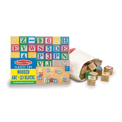 Image of Melissa & Doug Deluxe Wooden ABC/123 1-Inch Blocks Set With Storage Pouch (50 pcs), Classic Letter And Number Wooden Blocks, For Toddlers And Kids Ages 2+