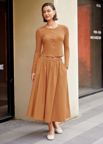 Image of Panadila Womens 2 Piece Lounge Sets Matching Vacation Outfits Ribbed Button Down Cardigan and Elastic Waist Skirt Sets