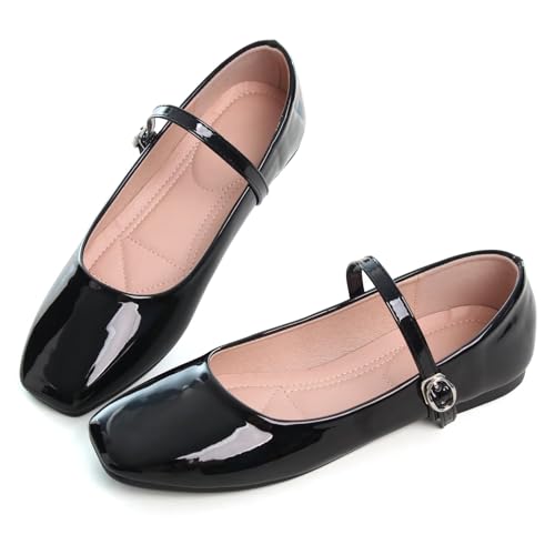 Image of TN TANGNEST Leather Flats for Women Retro Mary Jane Flats | Comfortable Square Toe Slip On Flats with Buckle Strap, Soft Work Flats Office Shoes
