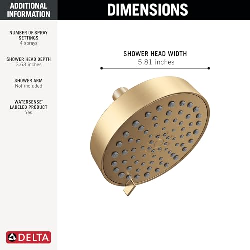 Image of Delta Modern 4-Setting Brushed Gold Shower Head, 5.75 Inch Round Shower Head, 1.75 GPM Flow Rate, Champagne Bronze 52401-CZ