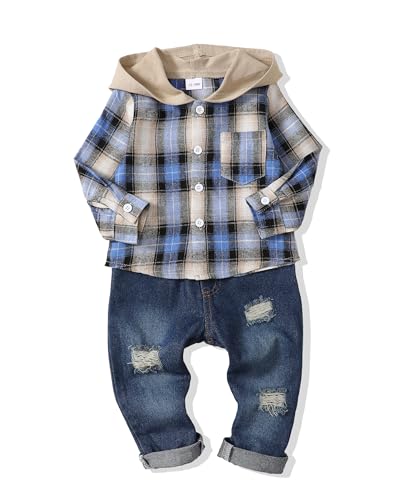 Image of Renotemy Toddler Baby Boy Clothes Denim Outfits Infant Hooded Sweatshirt Jeans Pants Little Boys Clothing