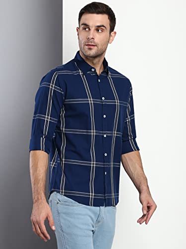 Image of Dennis Lingo Men's Plaid Blue Slim Fit Cotton Casual Shirt with Spread Collar & Full Sleeves