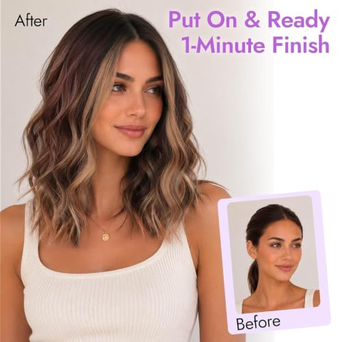 Image of Eawwii Wigs for Women Brown Caramel Highlight,Short Wavy Synthetic Lace Wig