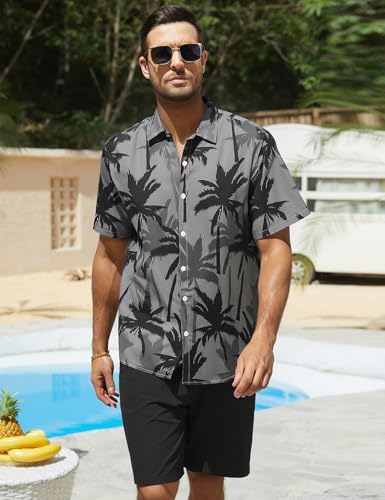 Image of Yimoon Men's Summer 2 Piece Outfits Tropical Print Short Sleeve Button Down Hawaiian Beach Shirt and Shorts Set