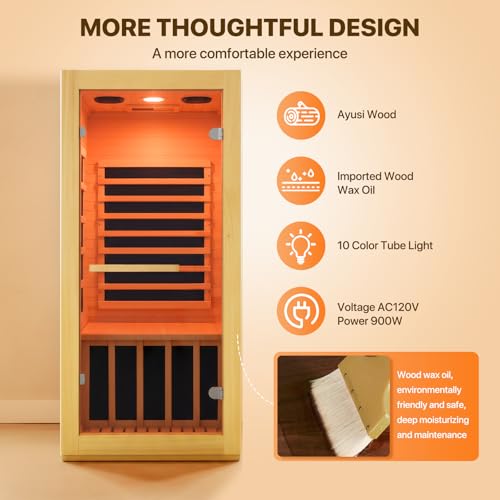 Image of OUTEXER Infrared Sauna Room Indoor Saunas Home Obeche Wood 900W Low-EMF Dry Saunas Single Person Spa with 7 Color Light 32.3 * 28.3 * 61.4 inch