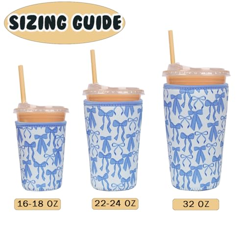 Image of Reusable Insulated Neoprene Iced Coffee Cup Sleeve, Durable Drink Sleeve for Cold Beverages, Beverage Holder for Iced Coffee, Blue Bows