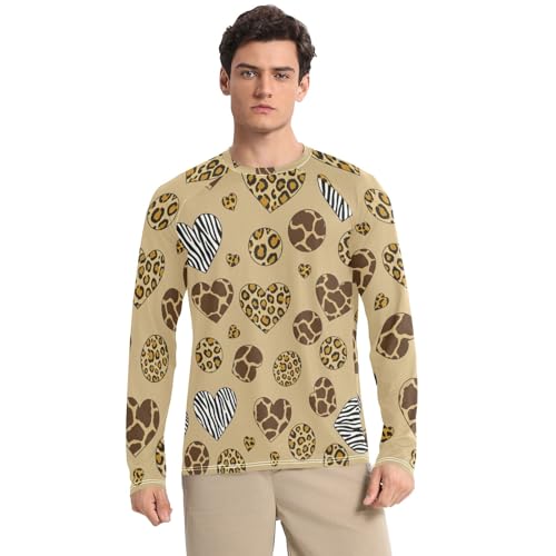 UPF 50+ Men's Rash Guard Quick Dry Long Sleeve Beach T-Shirts UV Sun Protection Sun Shirts, Animal Print Hearts Zebra Brown, XX-Large