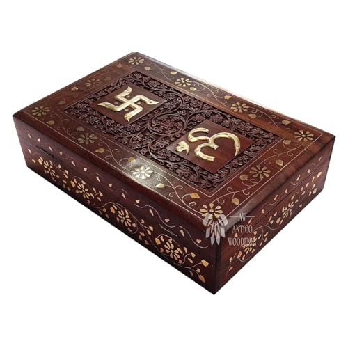 Image of Wooden OM Box for Good Luck| Jewellery Box| Decorative Case| Kit| Vanity| Organiser For Women, Necklaces, cash, gold (12X8 Inches, Mandala)
