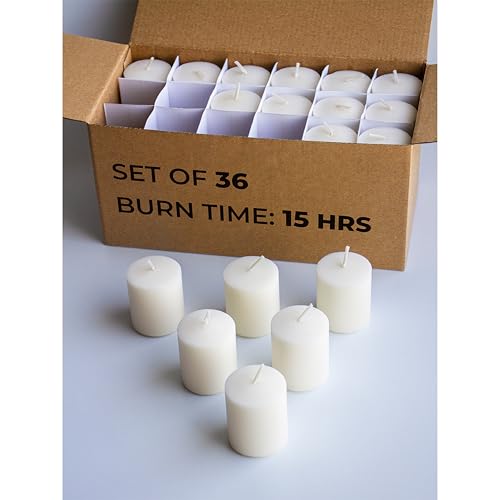 Image of CANDWAX Unscented Ivory Votive Candles Set of 36 - Clean-Burning, Long-Lasting 15 Hour Burn - Ideal for Weddings, Home Decor, Spa, Events - Bulk Value for Versatile Use