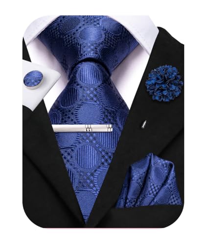 Image of Hi-Tie Royal Blue Checkered Ties for Men Silk Woven Necktie and Pocket Square Lapel Pin Silver Tie Clip Cufflinks Set Wedding Business 6PCS