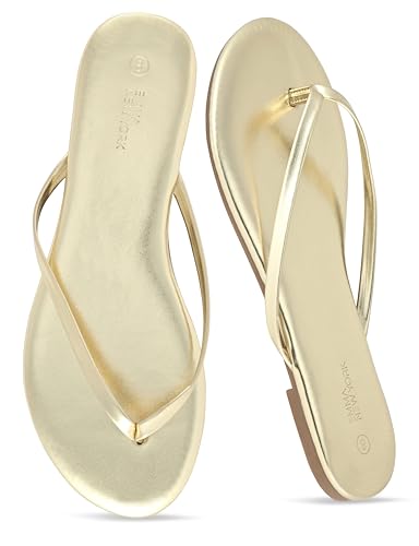 EMMA NEW YORK Flat Sandals for Women, Thong Flip Flops for Women, Cushioned Footbed, Slim Strap (Gold, 8)