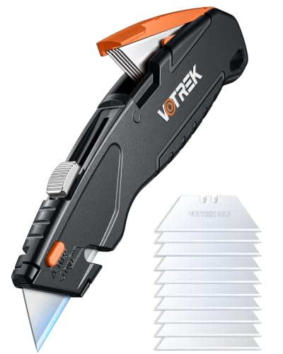 VOTREK® Box Cutter Retractable| Metal Utility Knife【Built-in Storage】Tool-Free Quick Blade Change| Safety Lock| Extra SK5 Blades| Heavy Duty Razor Knife for Cardboard, Carton, 1 Pack-Black