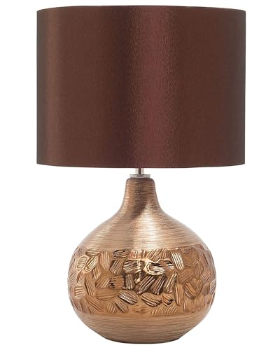 Beliani Lampe à Poser E27 Max 60W Base Porcelaine Motifs Marron Abat-Jour en Viscose Yakima