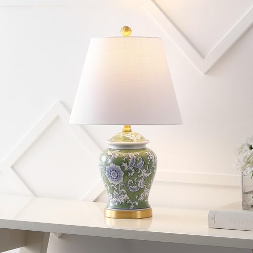 Image of JONATHAN Y 22 inch Green /White Ceramic Table Lamp, French Country Chinoiserie Ginger Jar LED Bedside Lamp for Living Room Bedroom, White Linen Shade (JYL3005E)