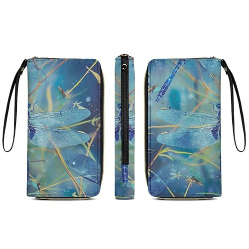 Blue Dragonfly Print PU Leather Wristlet Wallet Slim Card Holder Organizer with Zipper Coin Pocket & Cash Slots for Women Men3