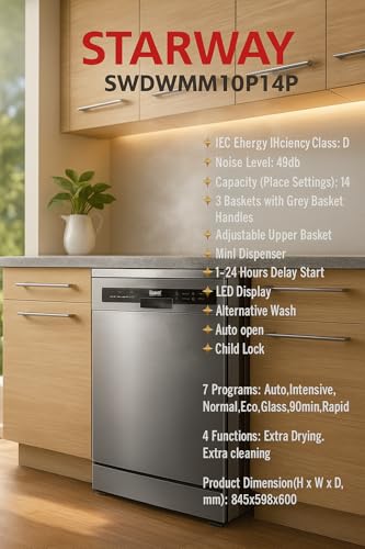 غسالة صحون 14 مساحة و3 سلال بتقنية الفتح التلقائي وبرنامج تلقائي وتجفيف إضافي من ستار واي شاشة عرض LED