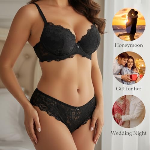 Image of Women's Floral Lace Lingerie Set | Bra and Panty Set | Lace Teddy Strap Babydoll Bodysuit Bra Panty Lingerie | Bikini Lingerie Babydoll Set for Honeymoon Couple Special Wedding Night