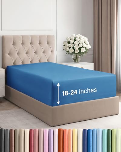 Image of Extra Deep Twin Fitted Sheet - Single Fitted Sheet Only - Royal Blue | Easily Fits 18 inch to 24 inch Mattress, Soft, Wrinkle Free, Breathable & Comfy, Extra Deep Pockets Hotel Luxury Fitted Sheet
