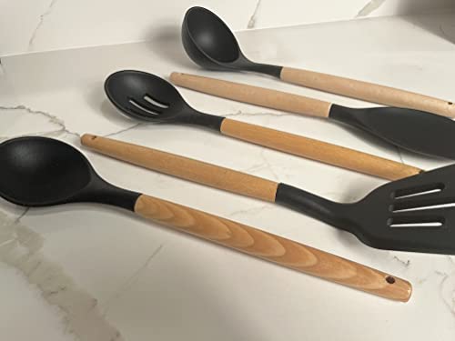 Comeback Ent. - 12 Pcs Kitchen Cooking Utensils Set Silicone | Heat Resistant | Kitchen Utensils With Wooden Handle And Holder | Easy To Clean | Tongs, Spatula, Whisk, Spoon, Brush (Black) #TOP2