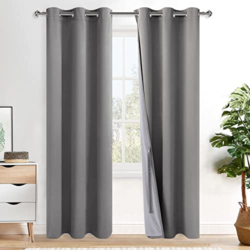 XWZO 100% Blackout Curtains 84 Inches Long with Tiebacks- Privacy Protection & Noise Blocking Window Draperies Grommet Top with Black Liner for Bedroom/Living Room, Grey, W42 x L84, Set of 2