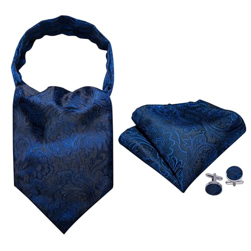 Image of Barry.Wang Ascot Ties Cravat Tie Men Paisley Plaid Scarf Self Tie Pocket Square Cufflinks Set Wedding Party