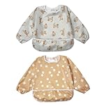 Little Dimsum Toddler Weaning Bibs -Waterproof Long Sleeve Baby Apron Coverall with Food Catcher, Adjustable Splashproof Design Easy-Wipe 6-36 Months