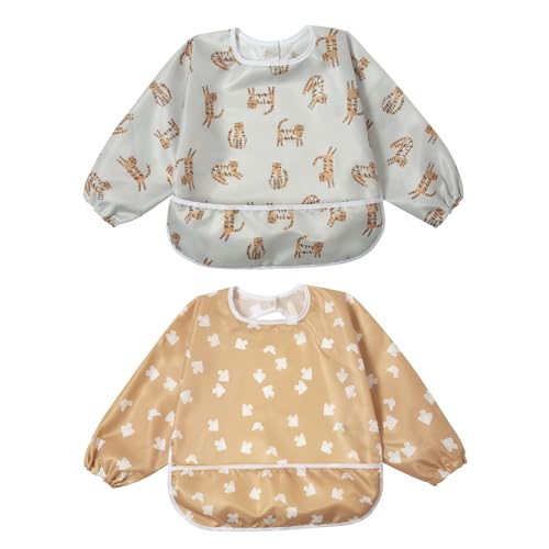 Image of Little Dimsum Baby Bib with Pocket Waterproof Toddler Bibs Infant Feeding Bibs for Boys and Girls, Pack of 2 Colors