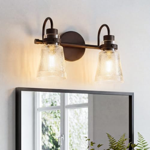 Image of 2-Light Bathroom Vanity Light, 13.8 Inch Farmhouse Bathroom Light Fixtures with Clear Striped Glass Shade, Oil Rubbed Bronze Wall Sconce Lighting Over Mirror for Bedroom Hallway Cabinet