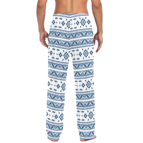 Mens Cotton Pajama Pants Sleep Lounge Pj Bottoms Sleepwear with Pockets Drawstring S White and Blue Aztec3