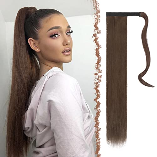 FESHFEN Lang Glattes Pferdeschwanz Haarteil Synthetik Haarverlängerung Zopf Haar Extension für Damen Mädchen, Mittelkastanien Braun70 cm