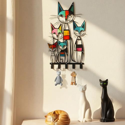 Fiwochic Mid Century Wall Mounted Coat Rack with 5 Hooks Retro Colorful Cat Wall Art Decor Decorative Black Metal Hanger for Coats Hats Bags Keys Towels for Home Bathroom Office (Classic)
