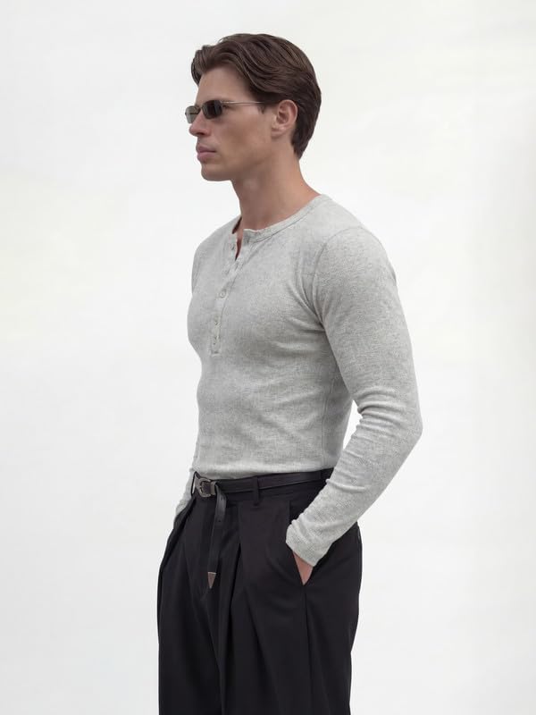 Image of FUGAZEE 100% Cotton Light Grey Ribbed Henley Long Sleeves T-Shirt | Muscle fit