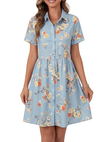 Image of Rooscier Women's Striped Shirt Dress Button Down Collared Short Sleeve Mini Dress