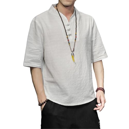 Chemise d'été légère pour homme en coton lin avec manches mi-longues amples de couleur unie