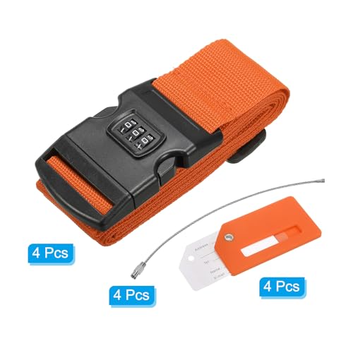 Image of PATIKIL Luggage Strap with Combination Lock Luggage Tag and Loop 78 inchx2 inch, 4 Set Adjustable Suitcase Belt for Travel Packing Bag Closure Identify, Orange