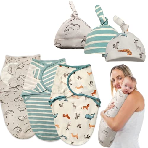 Image of Baby Swaddles with Hats for Newborn Boys and Girls - 3 Pack Organic Cotton Easy Adjustable Swaddle Blanket - Infant Cozy Sleep Sack Baby wrap (Baby Romper-Baby Sleepwear 2, Large (3-6 Months))