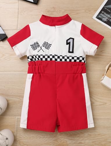 OBEEII Baby Boys 1st 2nd Birthday Outfit Girls Race Car Driver Romper Cake Smash Photoshoot Jumpsuit One Piece Racer Outfit2