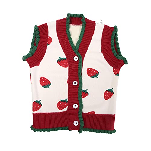 Baby Girls Strawberry Print Knit Sweater Cardigan Toddler Cotton Sleeveless Button Down Ruffle Jacket (Beige, 4-5 Years)