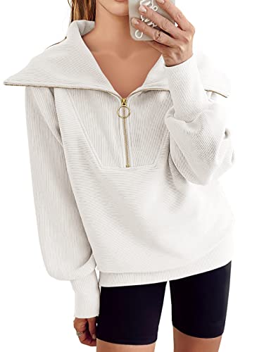 Anrabess Oversized Half Zip Sweatshirts For Women 1/4 Zipper Pullover Casual Long Sleeve Pullover Sweater Comfy Y2K Teen Girl Clothes 2023 808Baise-Xl White #TOP3