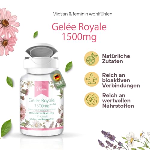 Gelée Royale 1500mg - IMMUNSYSTEM LINE - mit 1500mg davon 60mg 10-HDA - 120 Kapseln - Hochdosiert - 100% Vegan – Herstellung & Laborprüfung in Deutschland | MIOSAN® CLUB - Exklusives Wohlbefinden