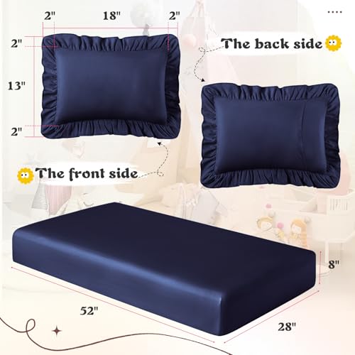 Image of KKJIAF 3 Piece Toddler Sheet Set Microfiber, Includes a Flat Sheet, a Fitted Sheet and a Ruffle Pillowcase, Navy Blue
