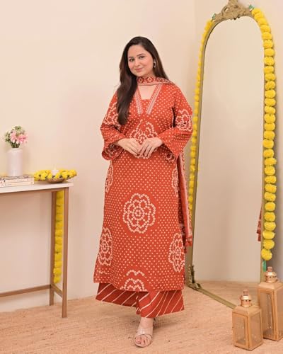 Image of Klosia Women Pure Cotton Kurta Pant Set with Dupatta | Bandhani Print Kurta Sets for Women | Comfortable Suit Sets|Regular Fit