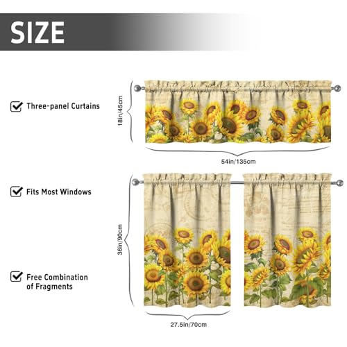 Image of Sunflower Kitchen Curtains 3 Piece Set Tier Valance Window Decor | 3 Piece Kitchen Curtain Set Includes 54x18in Valance and Two 27.5x36in Tier Curtains for Kitchen, Bedroom and Living Room