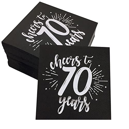 CHANGCAO50Pieces Silver70th Birthday Dinner Celebration Party Decorative Napkin Black70th Birthday Decorative Men's and Women's Party Supplies Cocktail Napkins in a black, Cheers to 70 Years