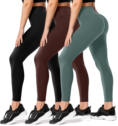 FULLSOFT 3 Pack High Waisted Leggings for Women No See-Through Tummy Control Yoga Pants Workout Leggings-Reg&Plus Size (3 Pack Black,Brown,Dark Green,Large-X-Large)
